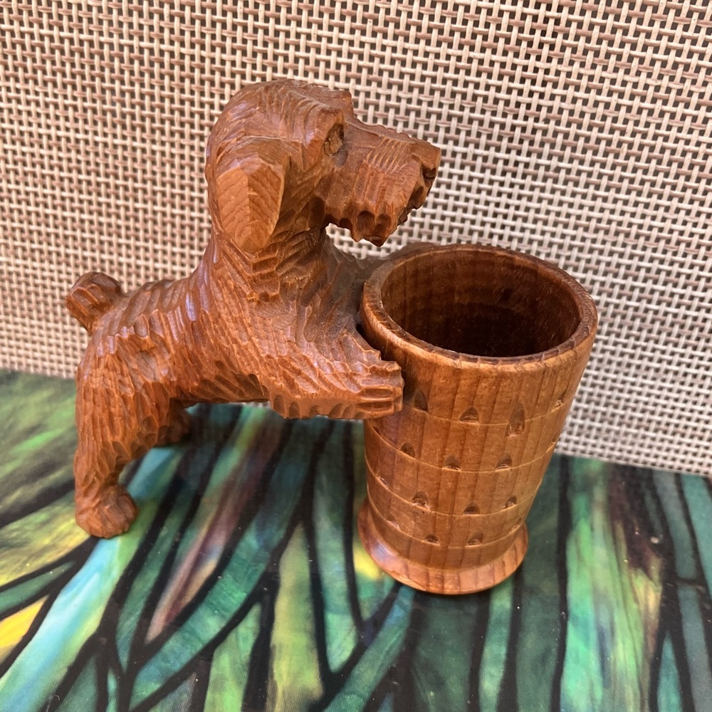 Vintage Toothpick Holder Terrier Dog Wood Carved Vintage German